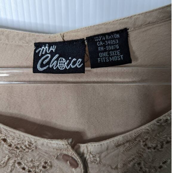 Vintage Y2K Boho Peasant Blouse Tan Eyelet Tie Back Flutter Sleeve Romantic Top - Picture 3 of 10